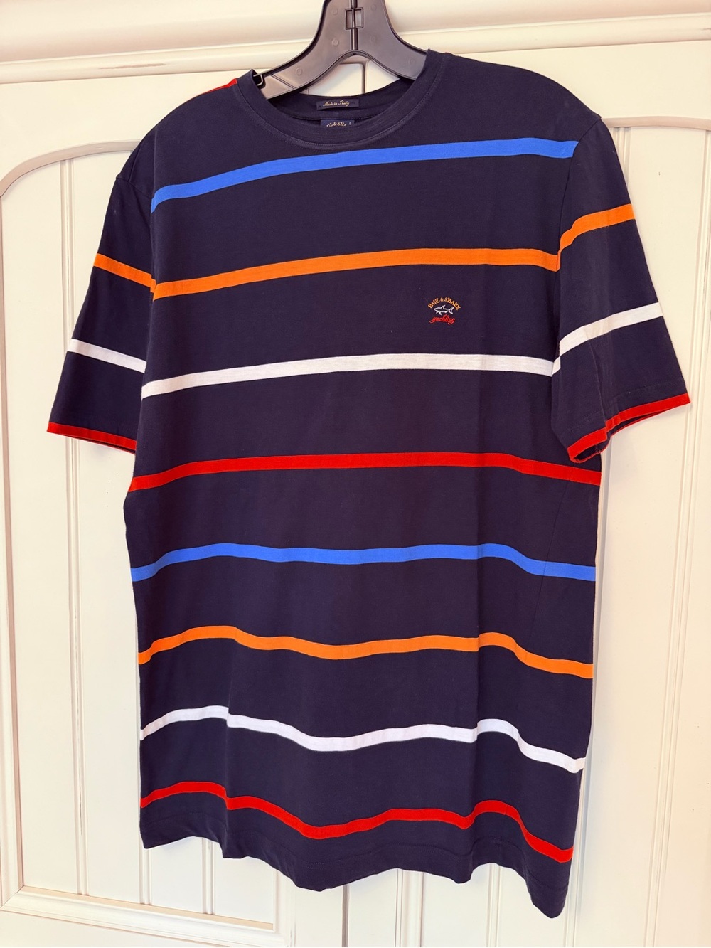 Paul & Shark Navy Tee with Orange, Blue, Red & White Stripes